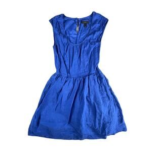 J Crew Dress Womens 0 Linen Royal Blue Pockets Cap Sleeve Fit & Flare Zipper